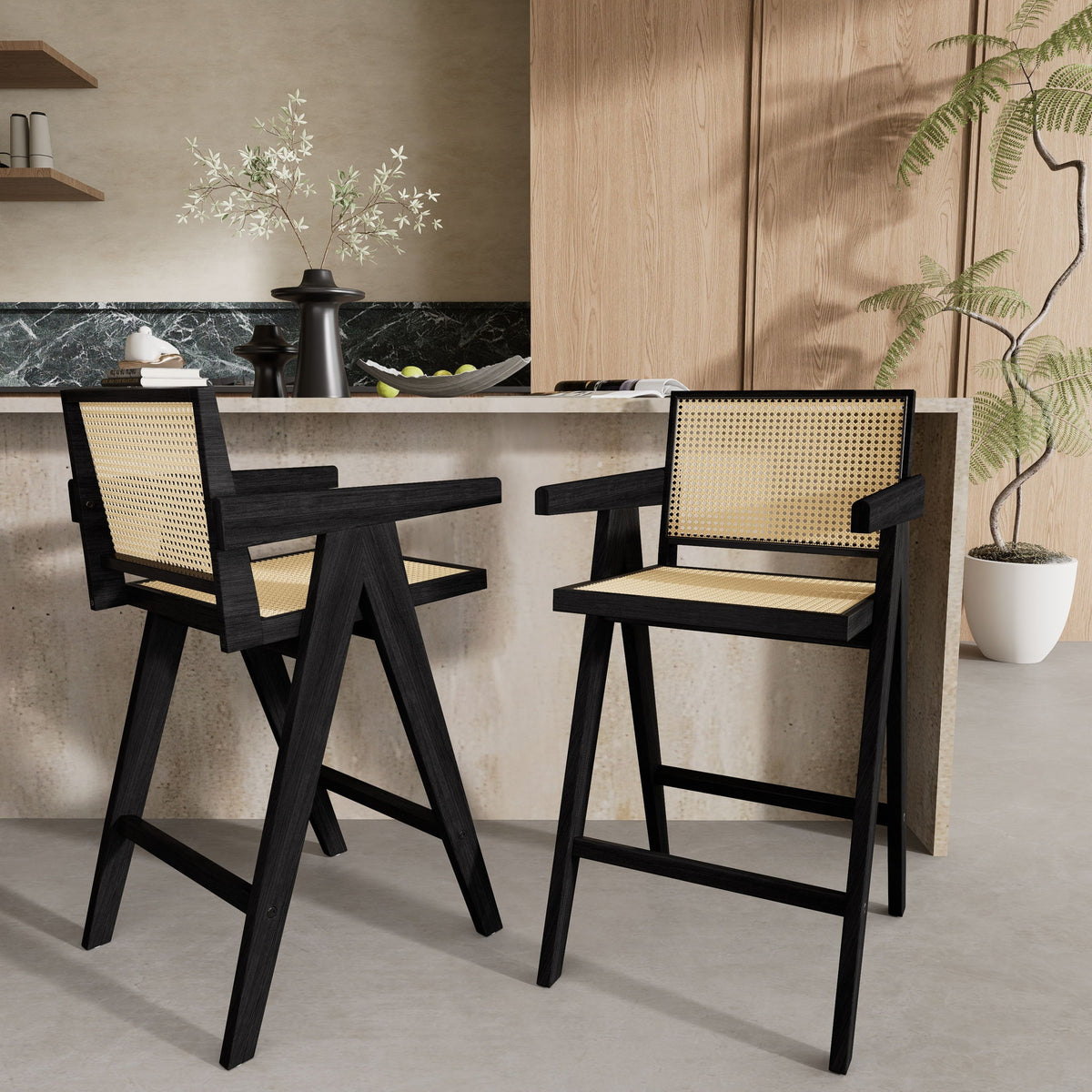Modern Minimalist Bar Stool With Cane Seat - Black / Natural