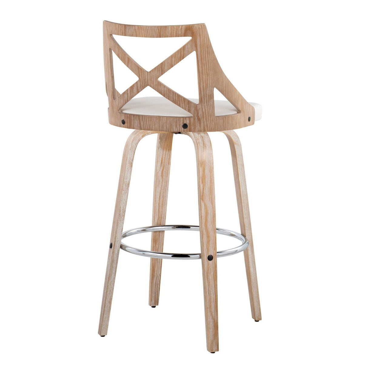 Charlotte - Fixed-Height Barstool (Set of 2) - Whitewashed Wood, White Faux Leather, Chrome Metal