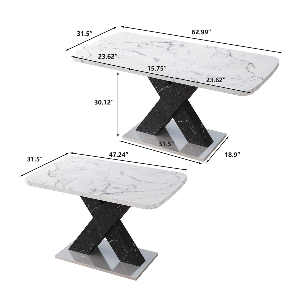 Rectangle Dining Table With Stretchable Top, X Shape Mdf Legs With Steel Base - White / Black