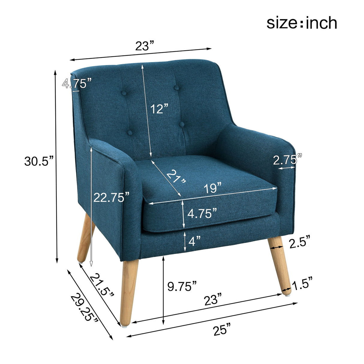 Modern Arm Chair With Tufted Back And Wooden Legs