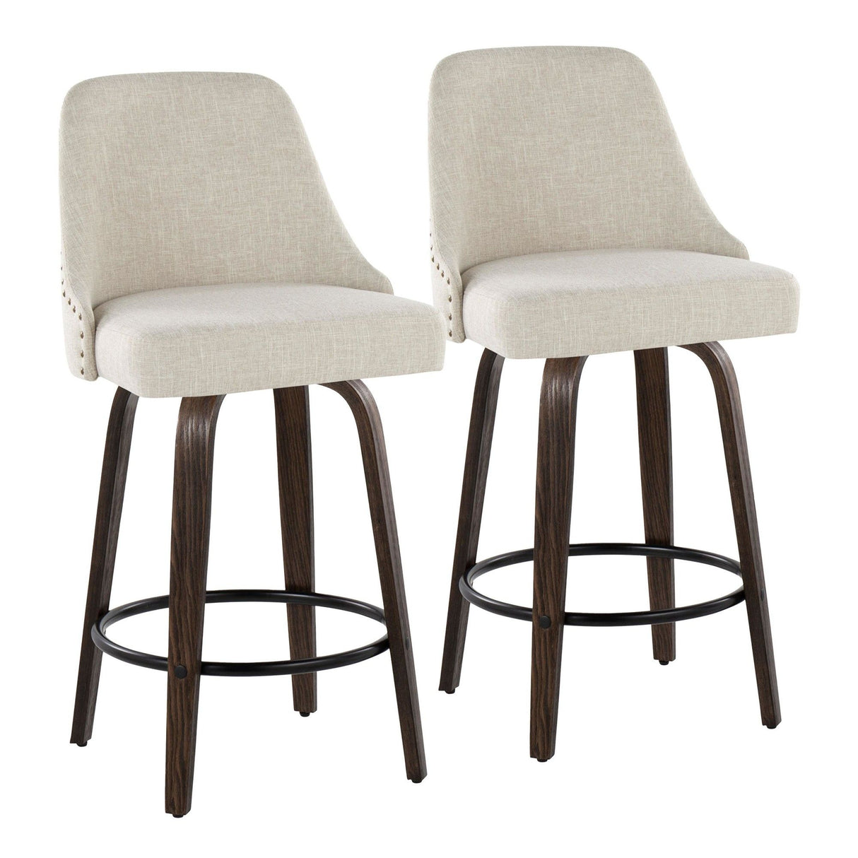 Marcel - 27" Fixed-Height Counter Stool With Swivel And Round Black Metal Footrest (Set of 2) - Walnut Glazed Wood