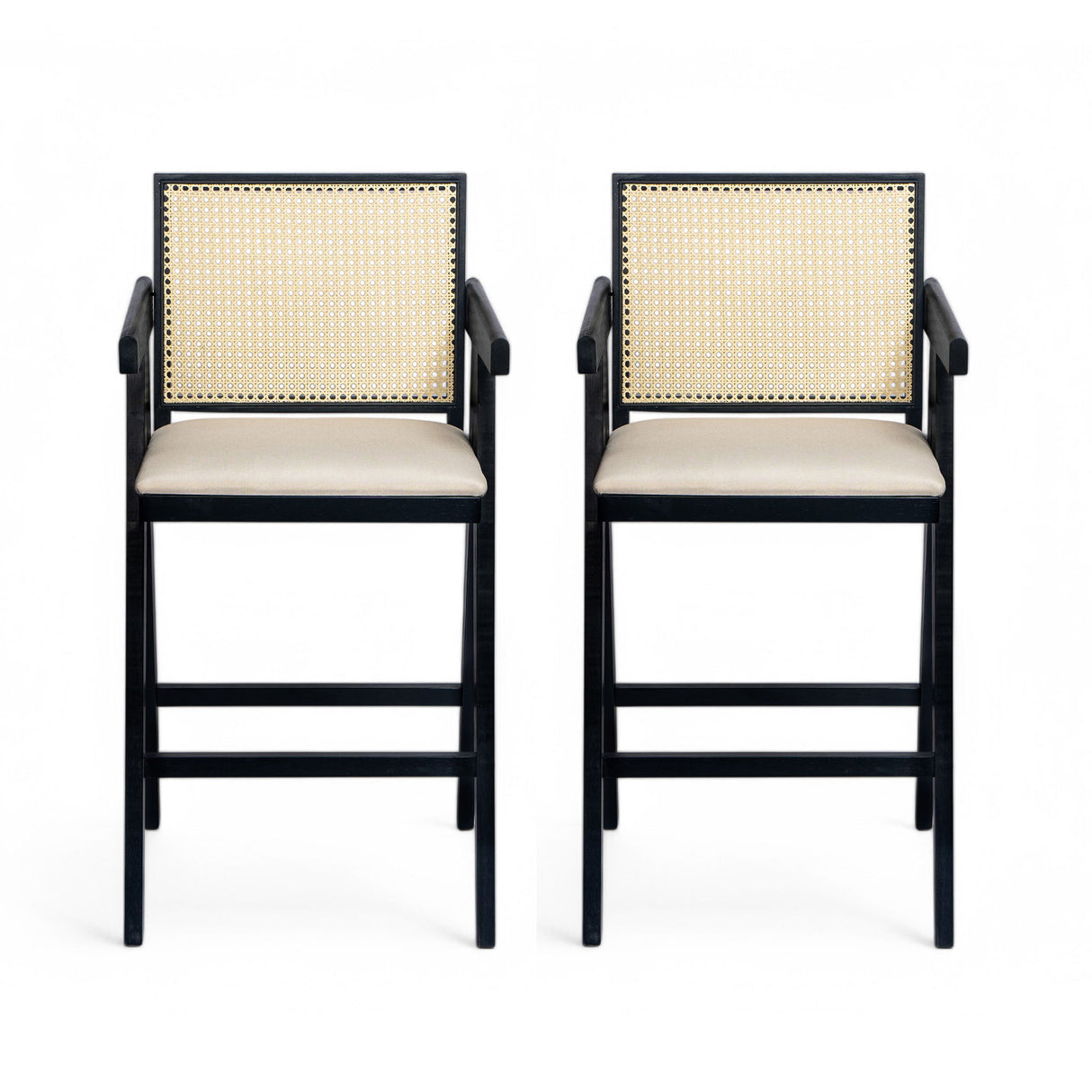 Woven Cane Plastic Backrest Bar Stool Foam Padded Fabric Seat & Durable Rubberwood Frame - Cream Gray
