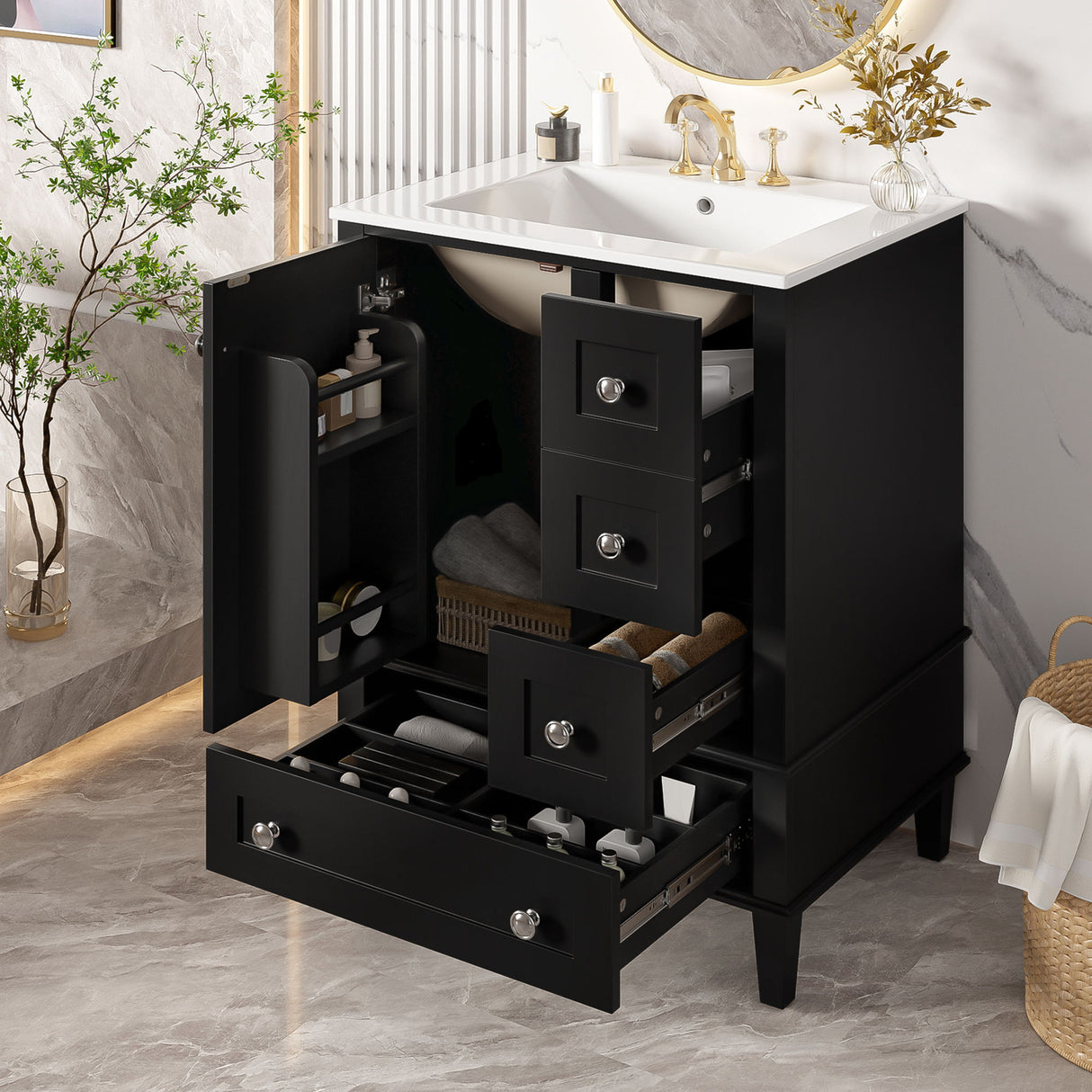 Bathroom Vanity With Integrated Basin, Soft Close Drawers, Door Mounted Double Layer Shelf