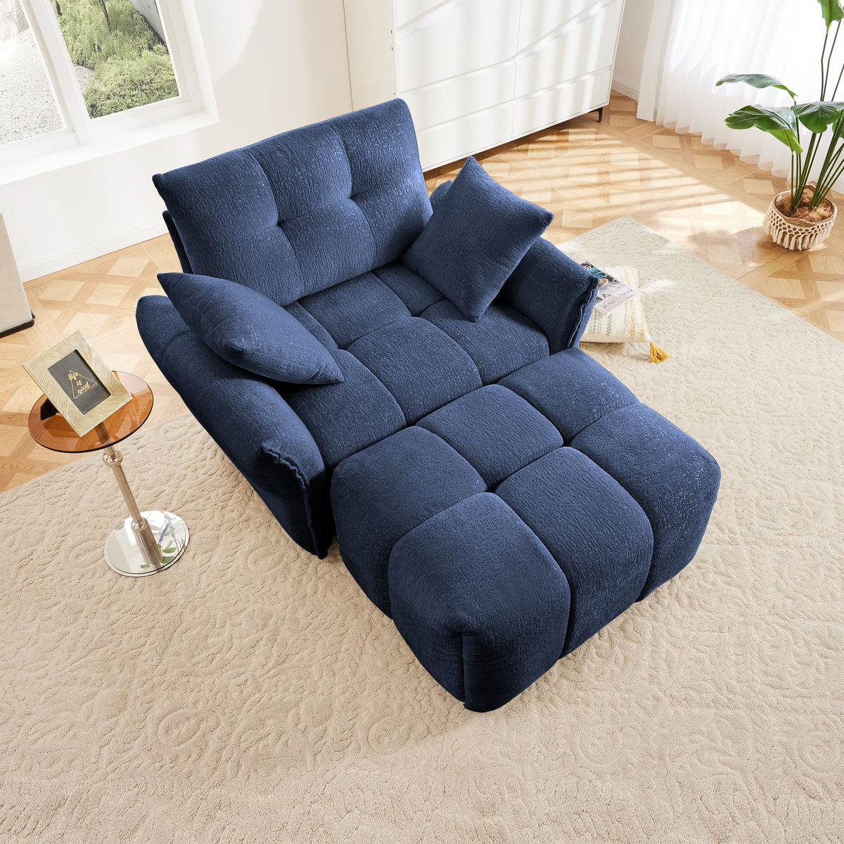 Modern Ergonomic Single Seater Sofa With Ottoman, High Resilience Support - Blue