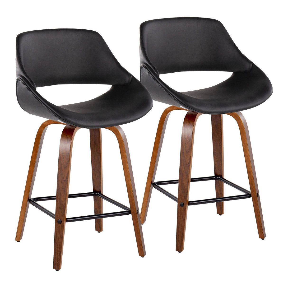 Fabrizzi - Fixed-Height Counter Stool With Square Black Footrest (Set of 2) - Walnut Wood And Black Faux Leather