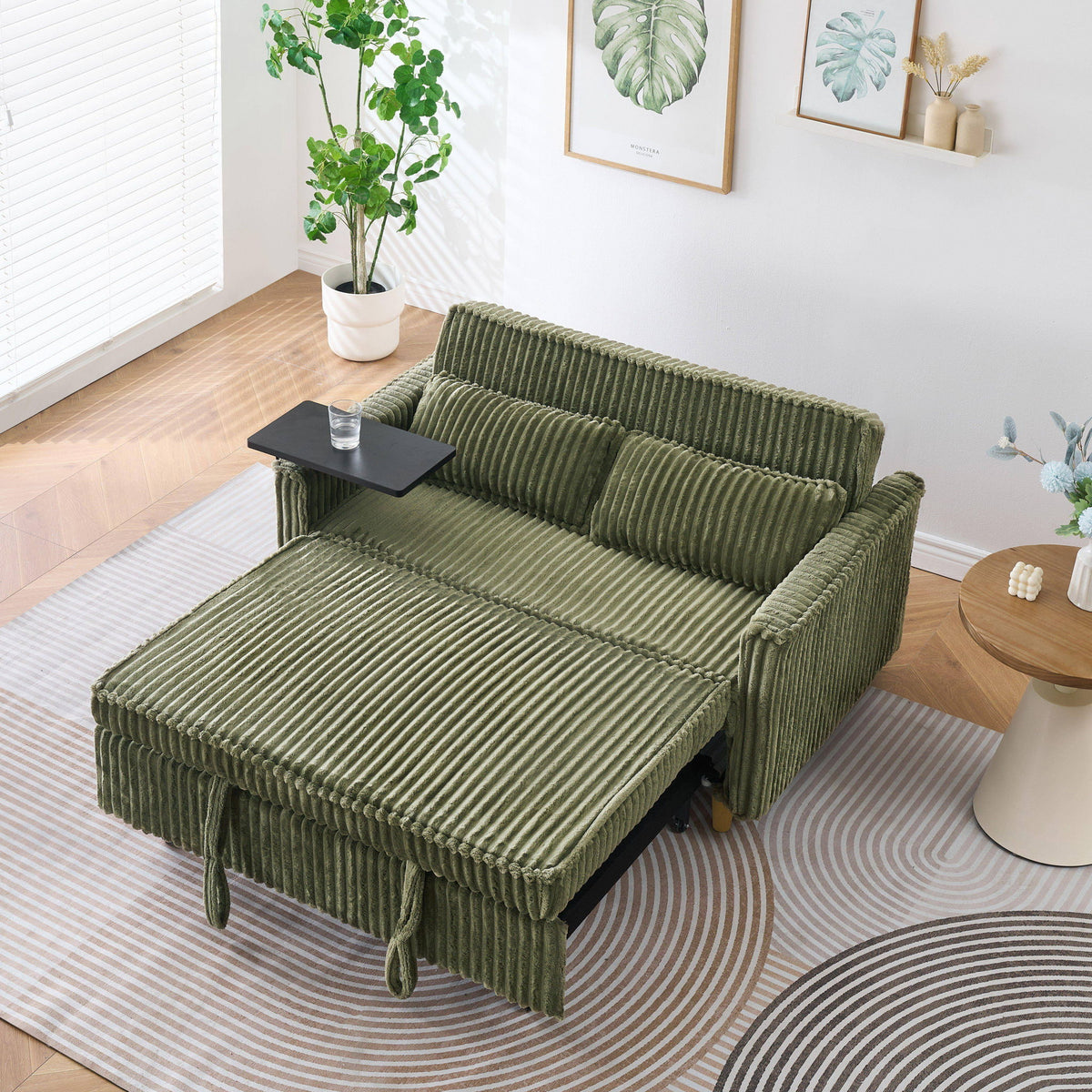 Pull Out Sofa With Movable Tabletop And USB Ports - Green
