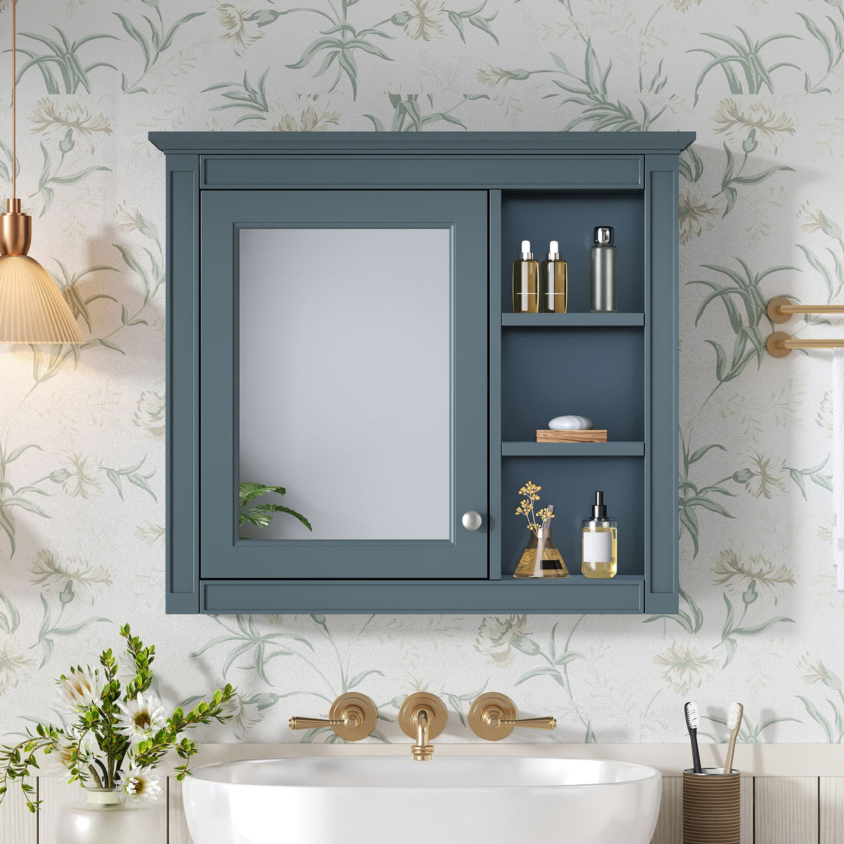 Wall-Mounted Medicine Cabinet With Mirror, Adjustable Shelves, Rectangular Design - Blue