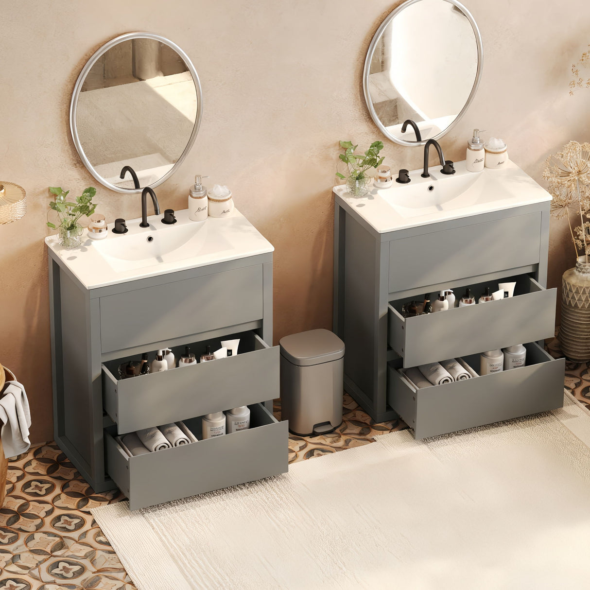 Double Sinks Bathroom Vanity Set With 2 Ceramic Basins