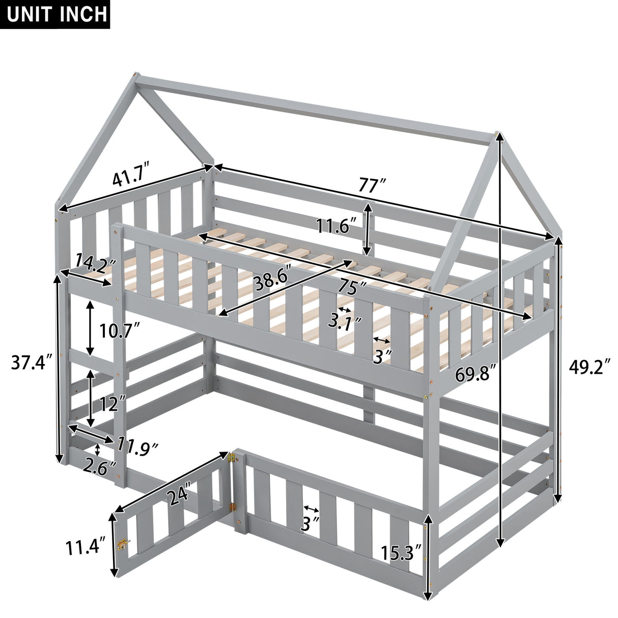 Twin Over Twin House Bunk Bed With Fence And Door