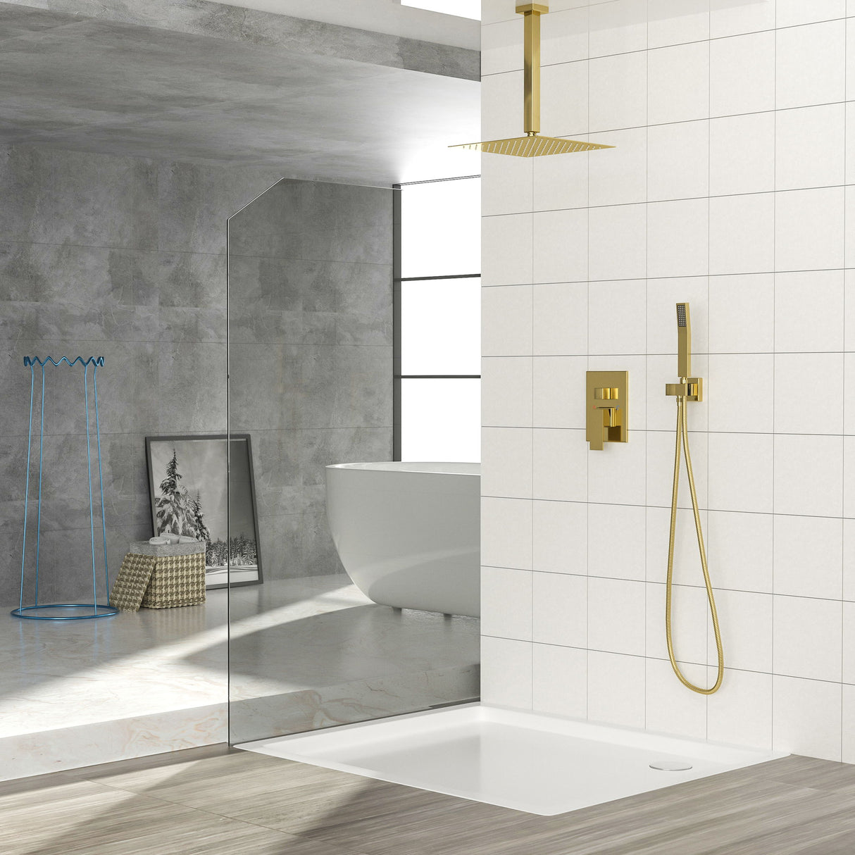 Dual Shower Head System With Ceiling Mount And Rough In Valve