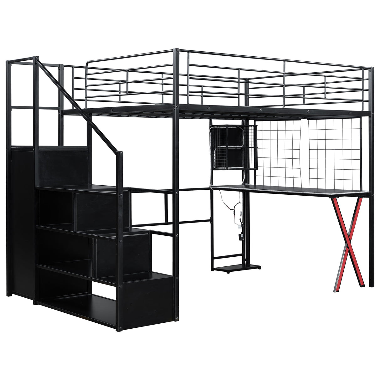 Loft Bed With Built In Work Station, Wardrobe, Storage Staircase And LED