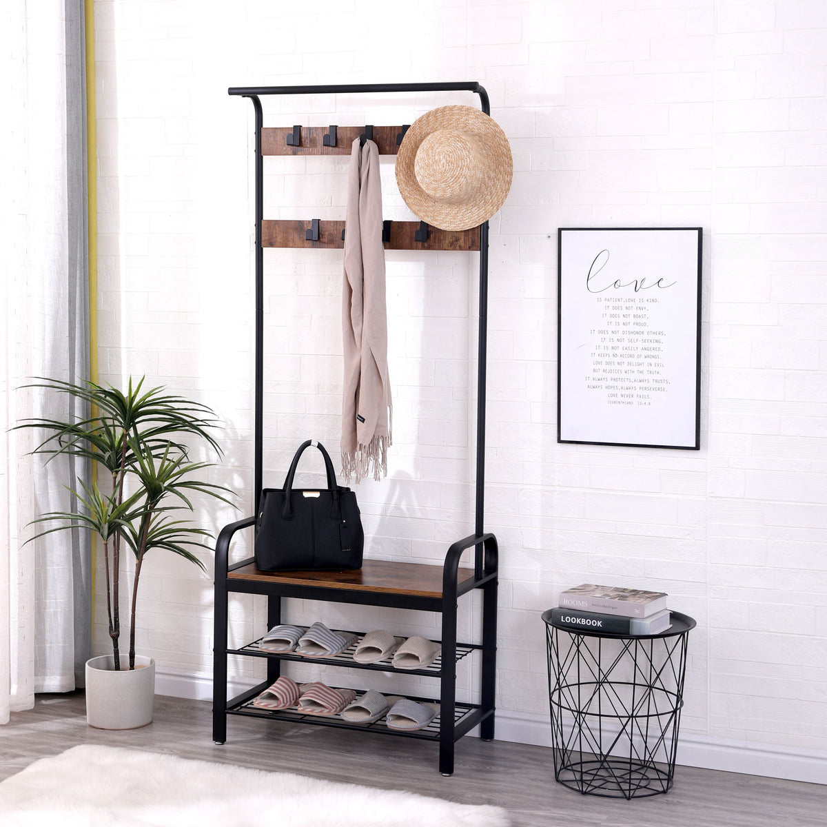 Coat Rack, Hall Tree With Shoe Bench For Entryway, Entryway Bench With Coat Rack, 4 In 1, With 9 Removable Hooks - Rustic Brown / Black