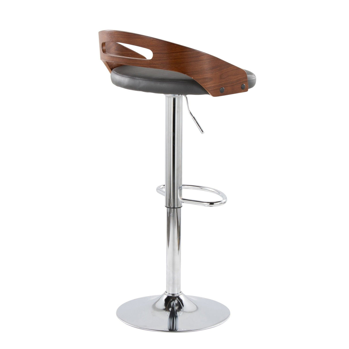 Cassis - Mid-Century Modern Adjustable Barstool With Swivel (Set of 2) - Chrome Metal, Walnut Wood And Gray Faux Leather With Oval Footrest