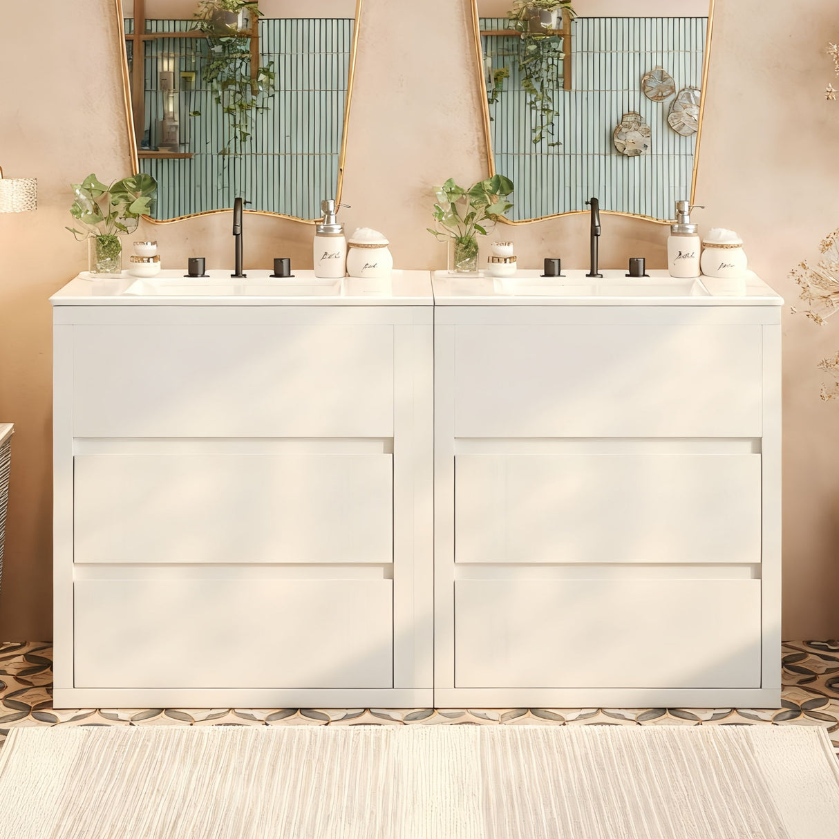 Double Sinks Bathroom Vanity Set With 2 Ceramic Basins