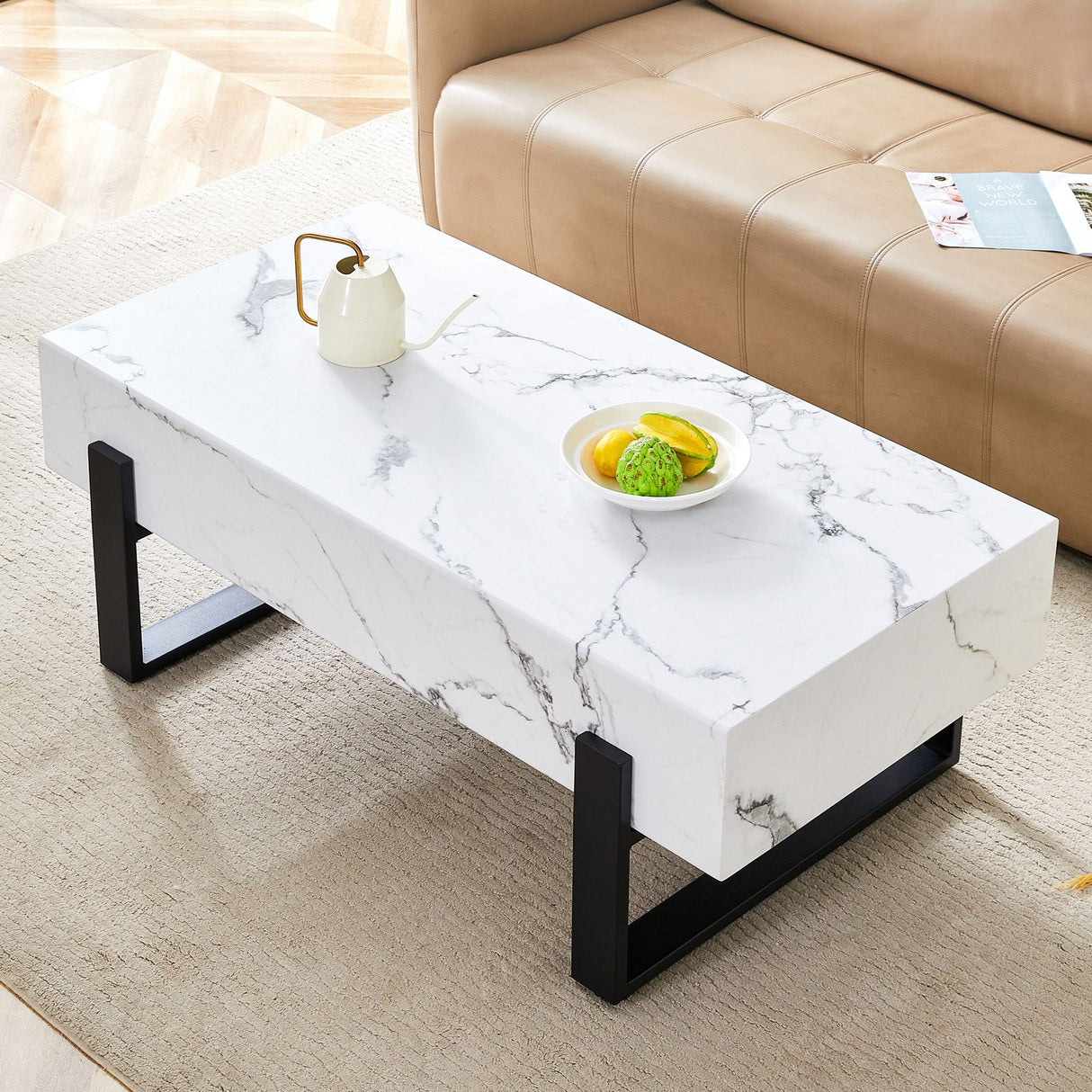 Minimalist Marble Patterned Coffee Table With Black Metal Legs - White / Black