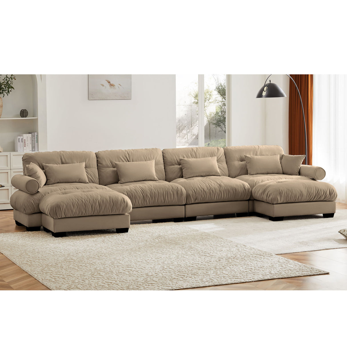 Modern Sectional Sofa With Ottoman, Round Bolster Armrests, Waist And Throw Pillows