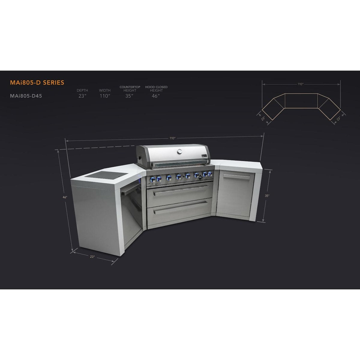 Mont Alpi Deluxe Series 8 Ft U-Shaped Propane Outdoor Kitchen Island w/ Side Burner - MAi805-D45