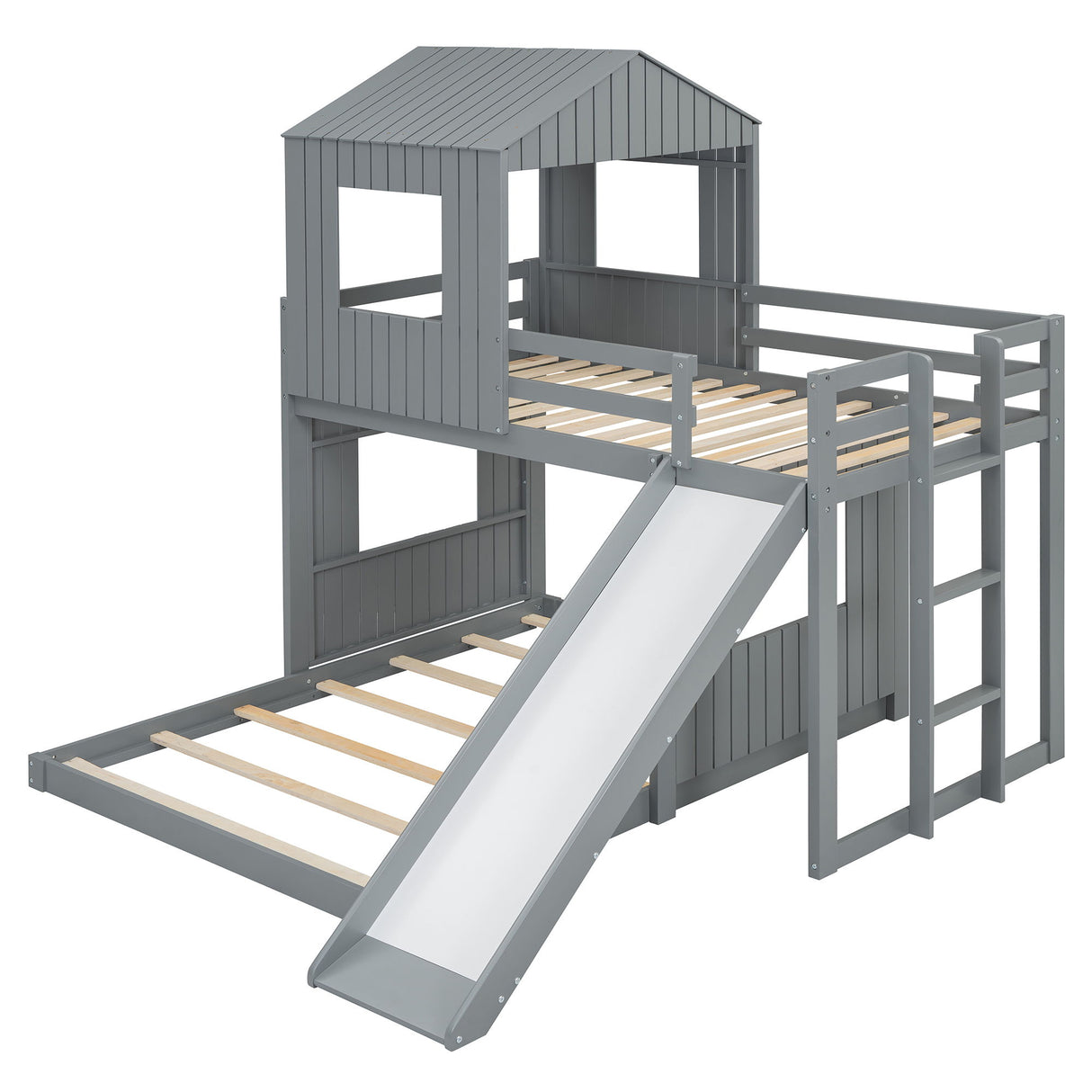 Loft Bunk Bed With Playhouse, Farmhouse, Ladder, Slide And Guardrails