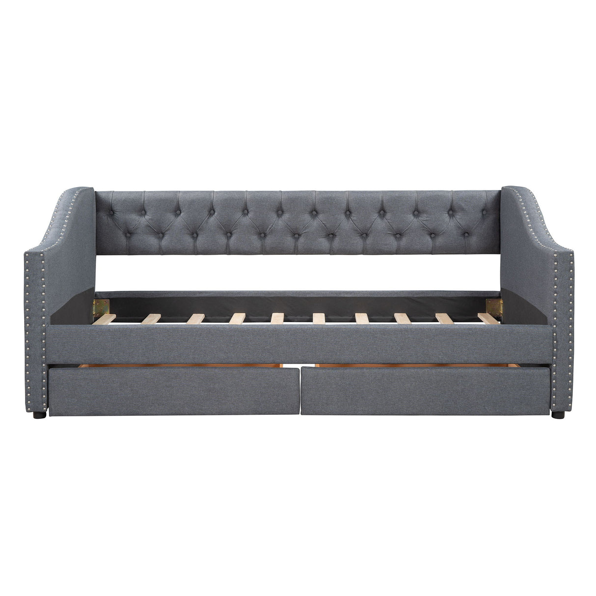Twin Size Upholstered Daybed With Two Drawers, Slat Support - Gray