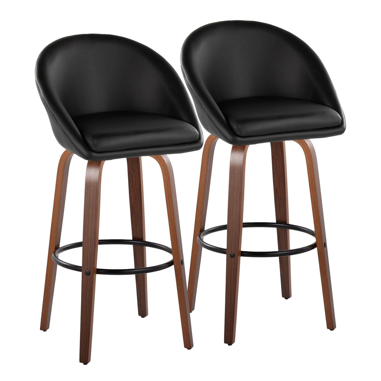 Matisse - 30" Highback Fixed-Height Barstool With Round Black Metal Footrest (Set of 2) - Walnut Wood