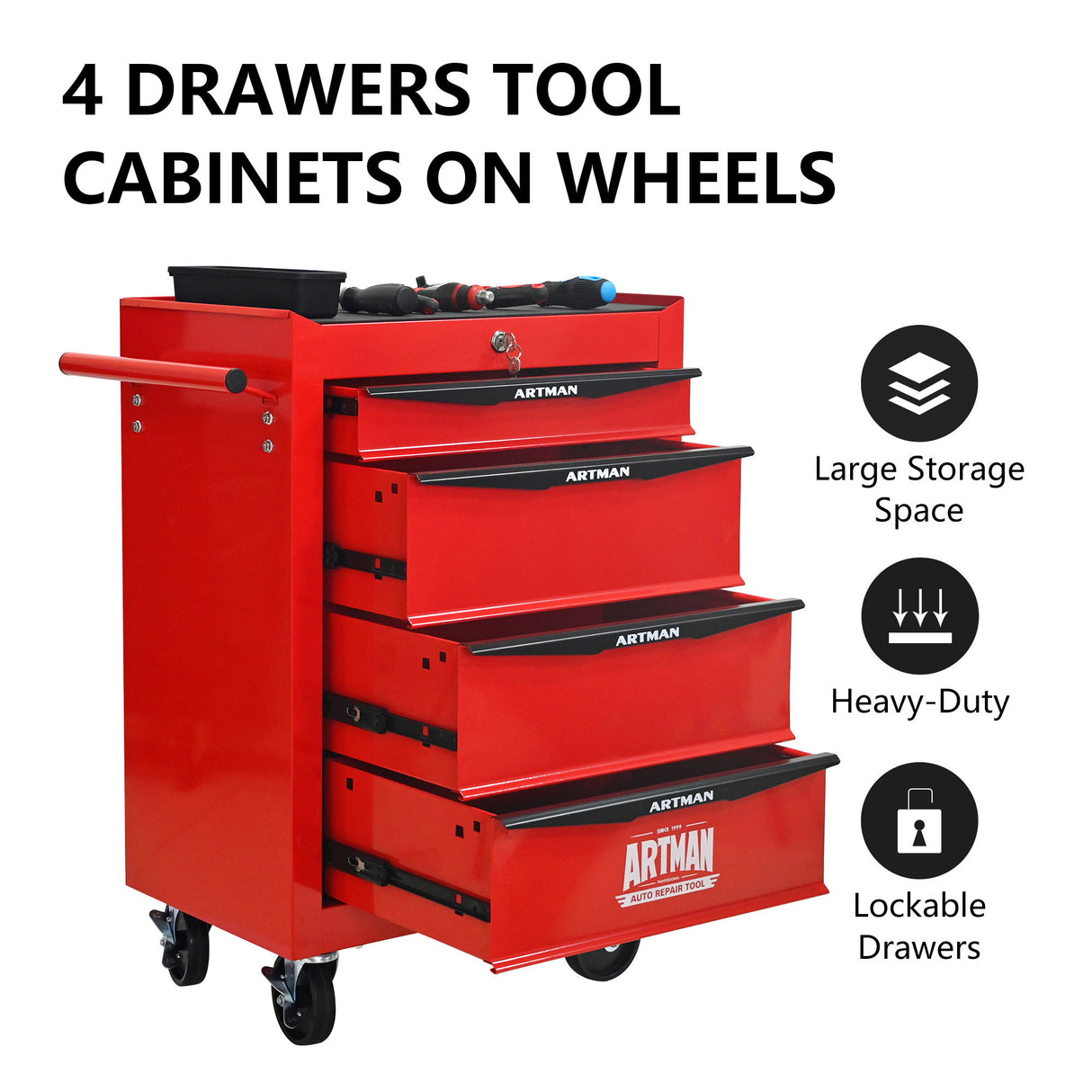 Rolling Metal Tool Chest With Drawers, Steel Storage Cabinet With Ball Bearing Slides