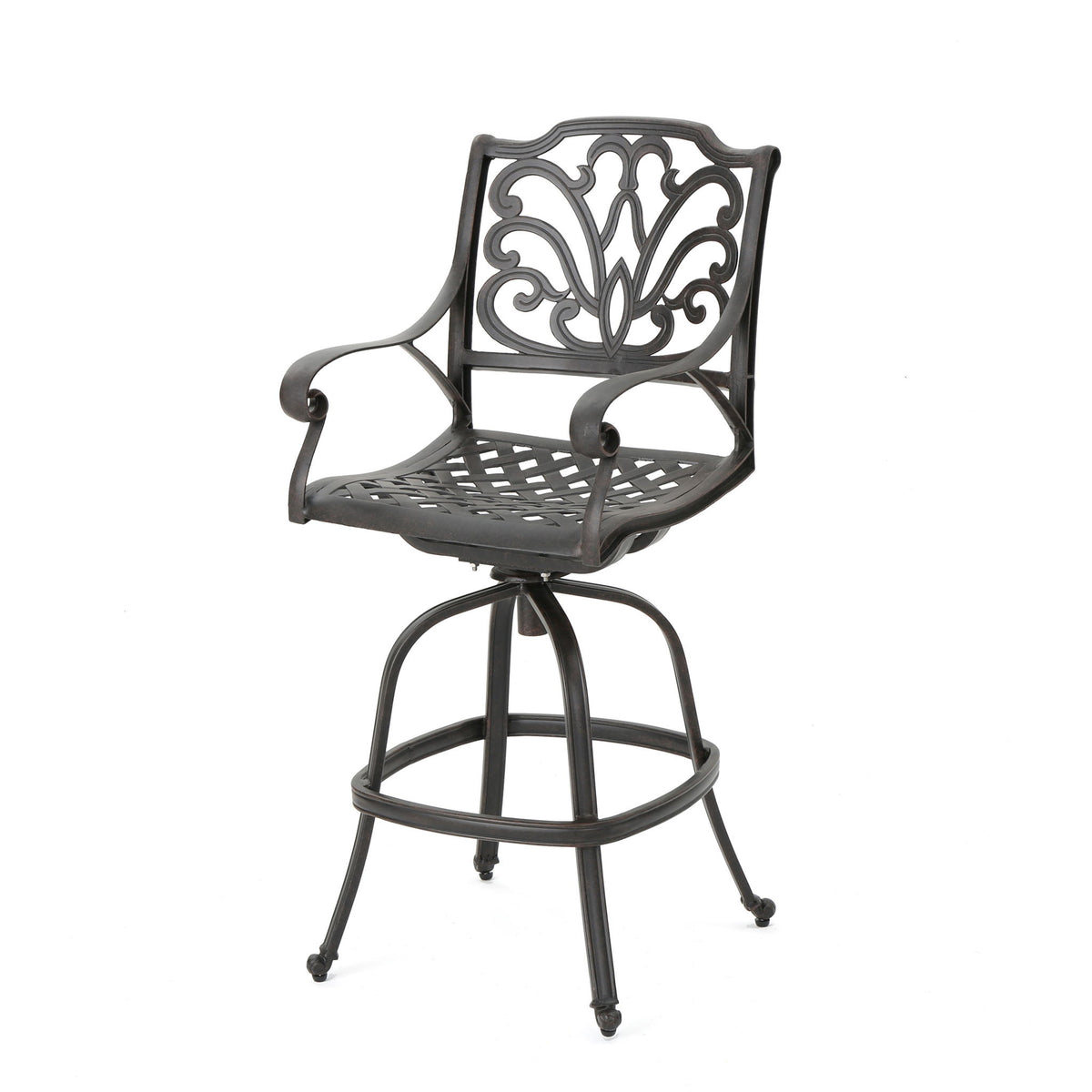 Outdoor Cast Aluminum Swivel Bar Stool With Scrolled Arms - Bronze