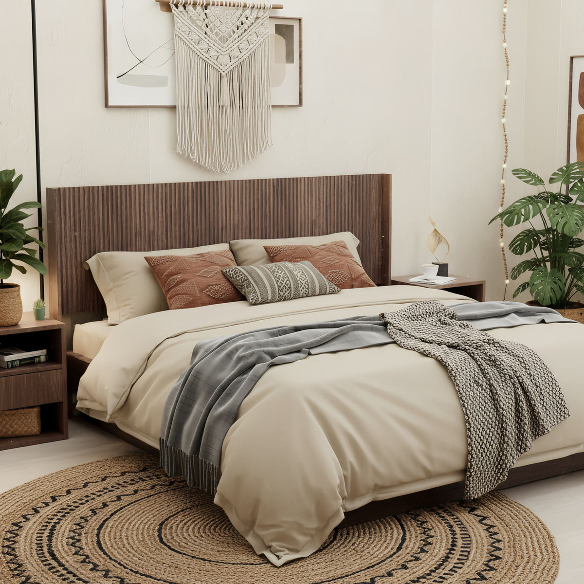 King Size Headboard, Wide Wall Mounted Fluted Panel Wingback - Walnut