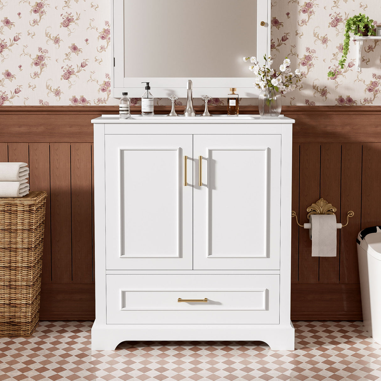 Bathroom Vanity With Sink, 1 Divided Drawer And 2 Soft Close Doors With Double Shelf