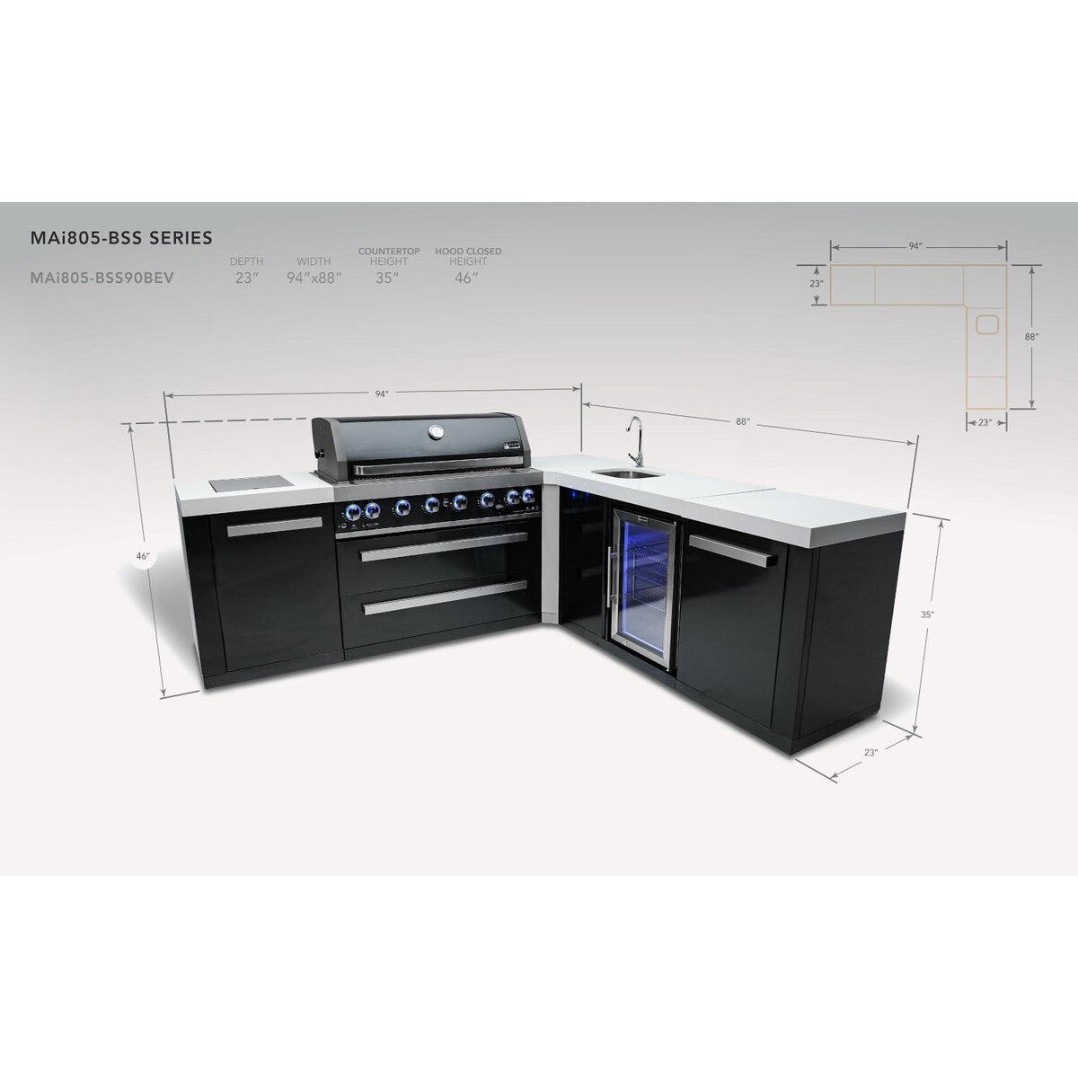 Mont Alpi Black Series 8 Ft L-Shaped Propane Outdoor Kitchen Island w/ Side Burner & Beverage Center - MAi805-BSS90BEV