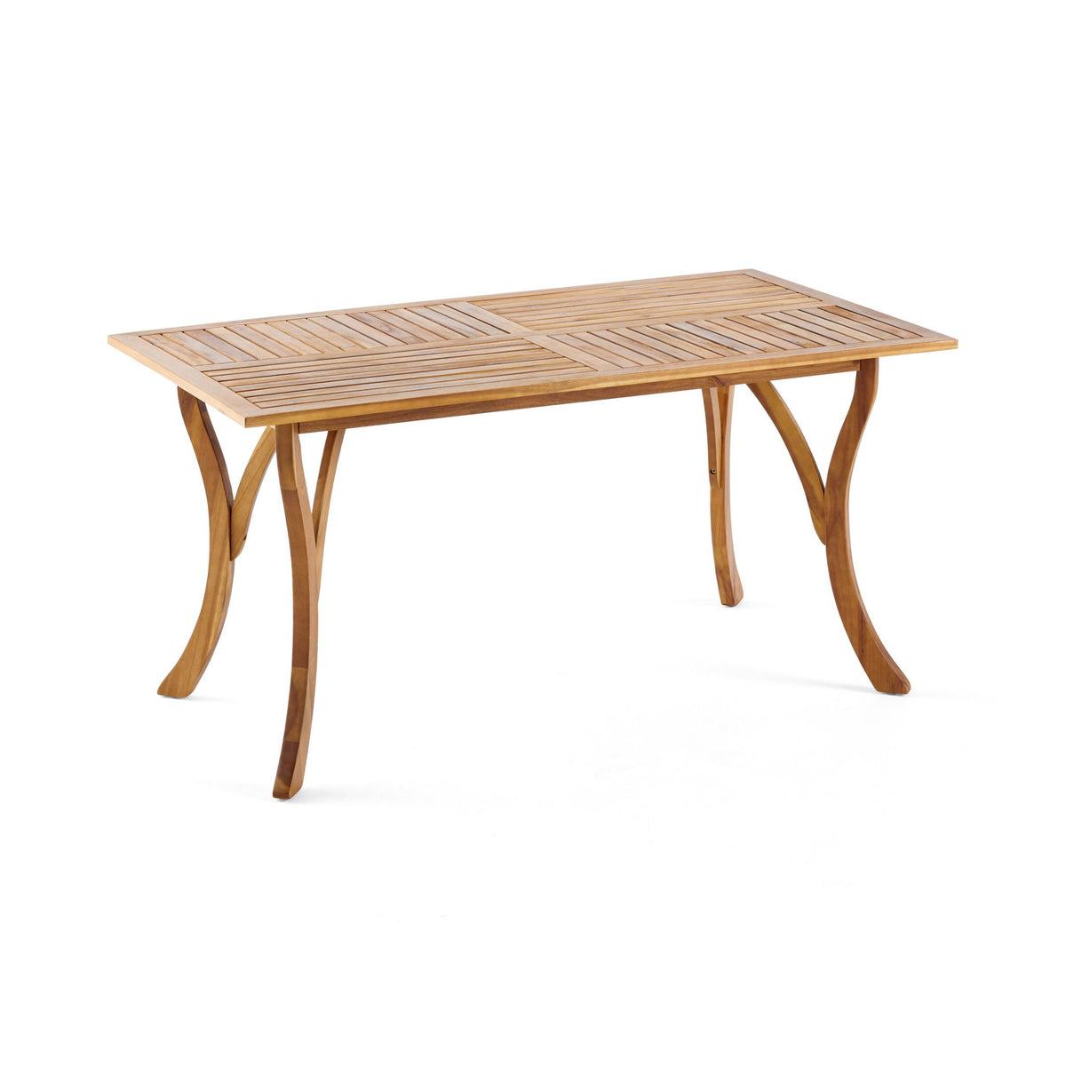 Outdoor Rectangular Table With Curved Legs And Perpendicular Wooden Slats Table Top
