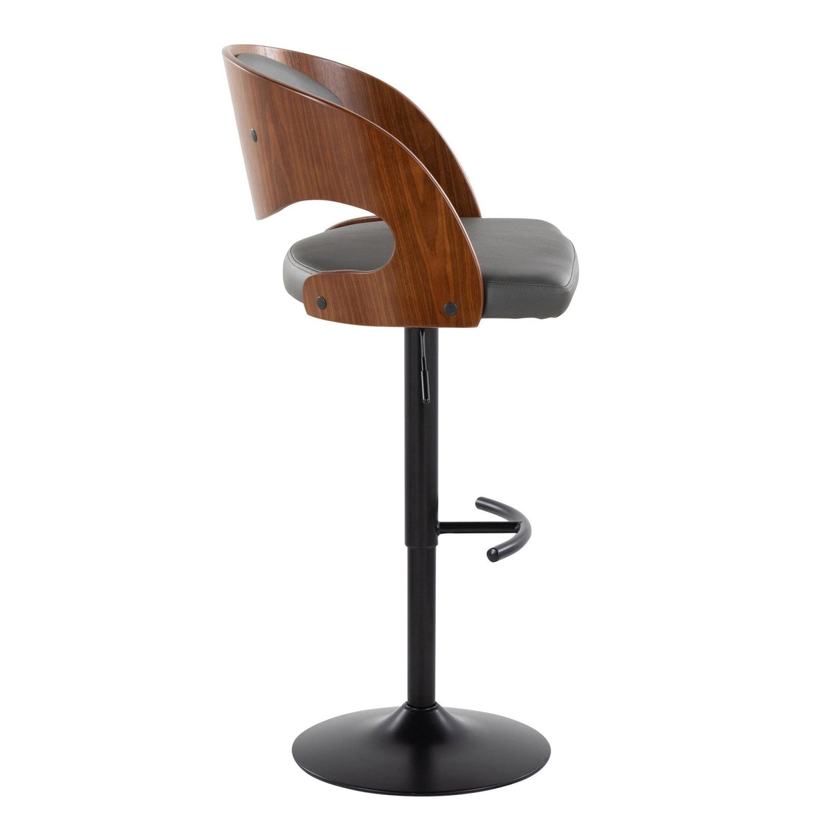 Pino - Mid-Century Modern Adjustable Swivel Barstool (Set of 2) - Black Metal, Walnut Wood