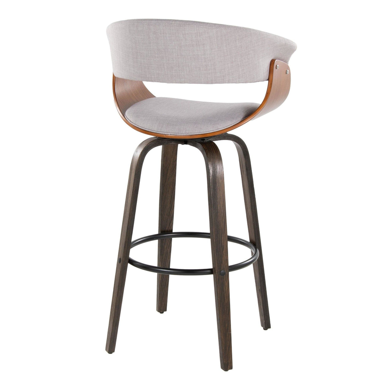 Vintage Mod - 30" Fixed-Height Barstool With Swivel (Set of 2) - Walnut Glazed Wood And Stone Fabric With Walnut Wood Accents And Round Black Metal Footrest