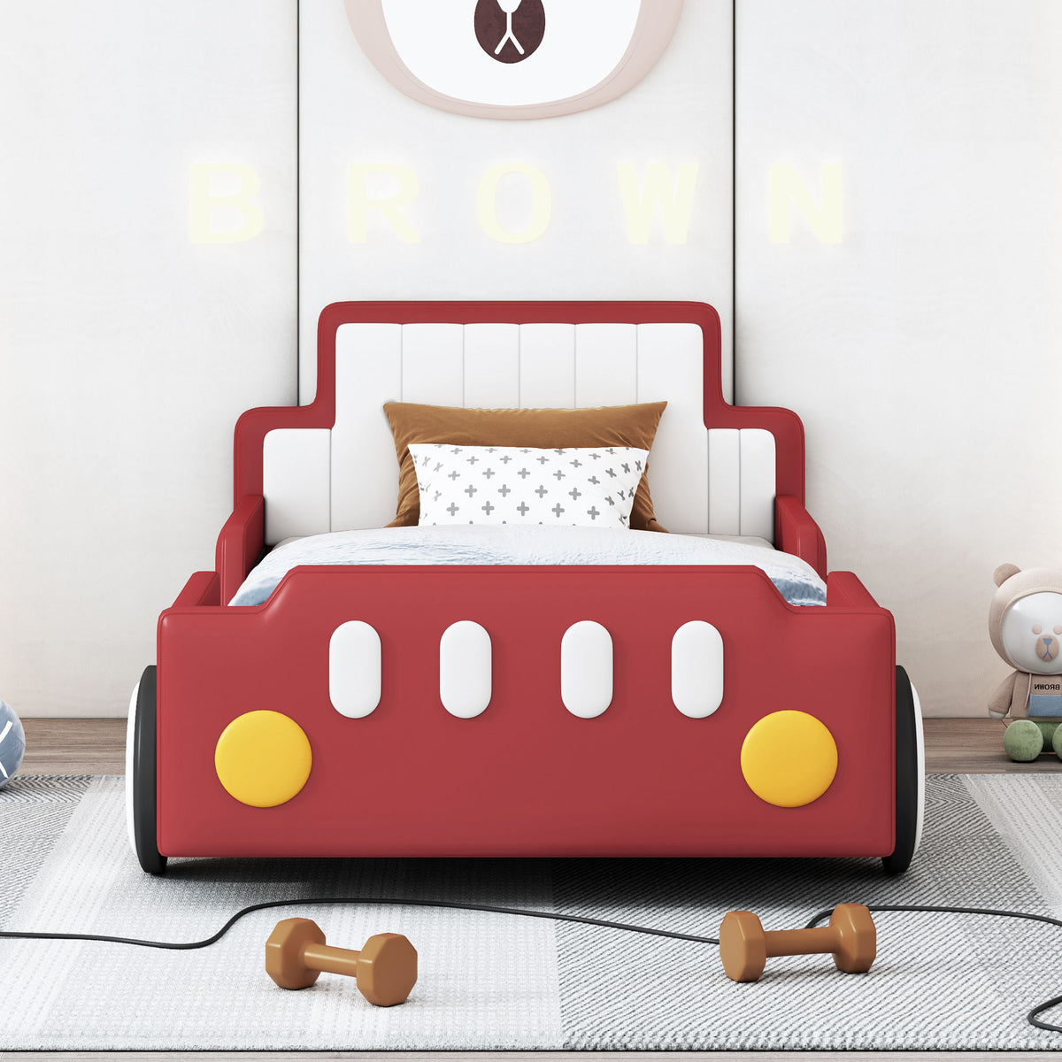 Twin Size Race Car Shaped Platform Bed & Wheels - Red