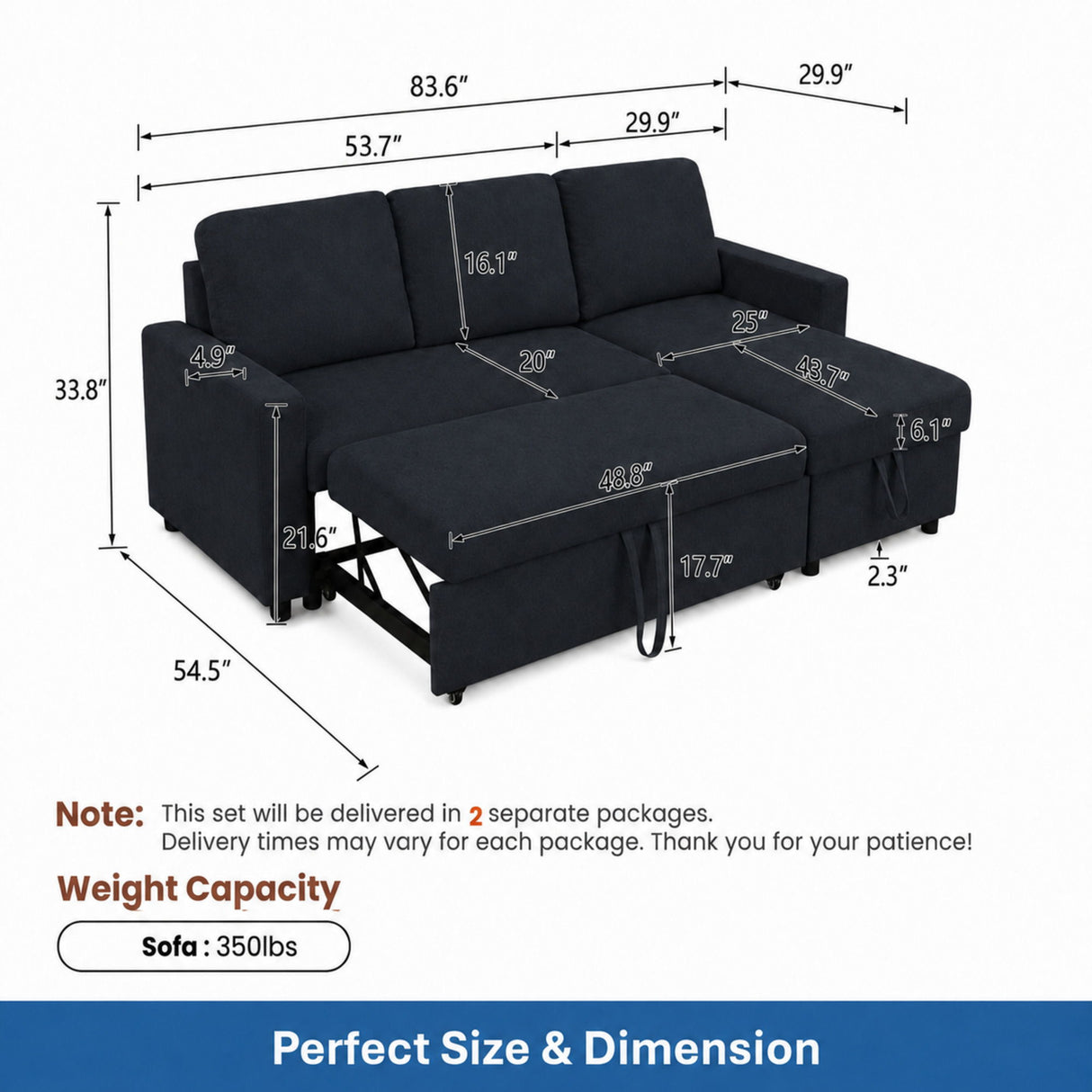 L - Shaped Convertible Sofa Bed With Storage Chaise