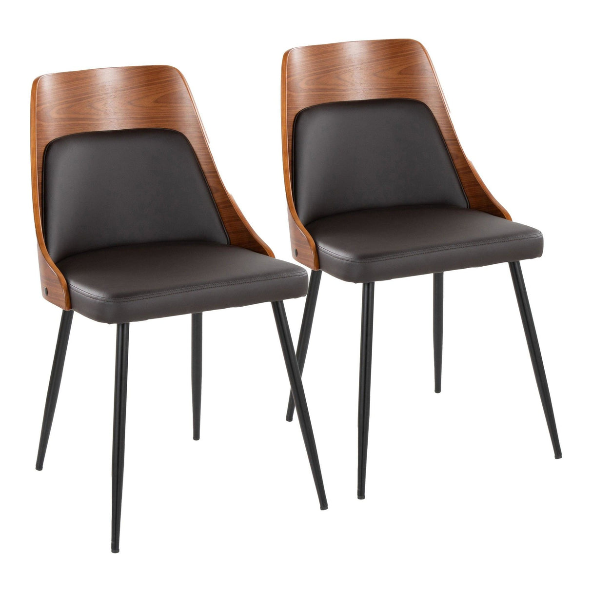 Anabelle - Contemporary Dining / Accent Chair (Set of 2) - Black Metal, Walnut Wood, And Brown Faux Leather