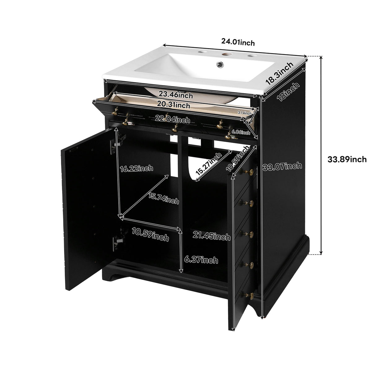 Bathroom Vanity With Drawer And Soft-Closing Doors, Sink Storage Cabinet For Small Spaces - Black