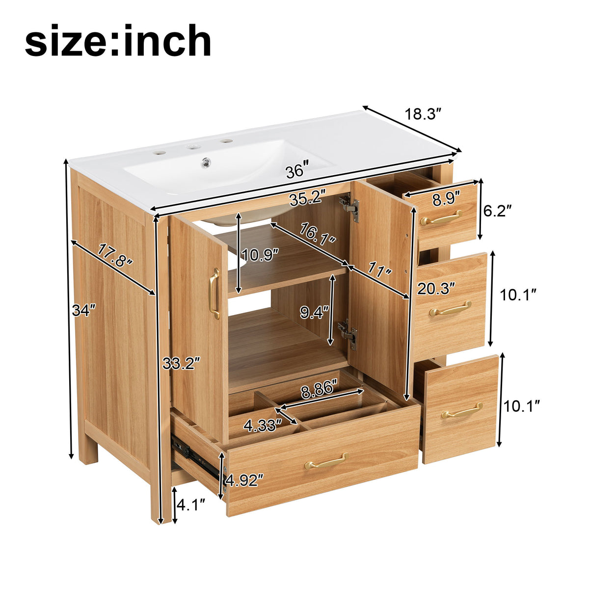 36" Bathroom Vanity, 2 Soft Close Doors, 4 Soft Close Drawers, Adjustable Shelf, Storage Cabinet - Acacia Wood