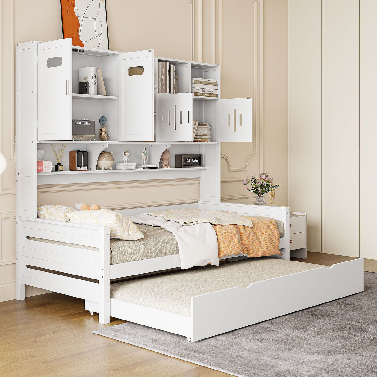 Twin Size Wooden Daybed With Twin Size Trundle, And All In One Cabinet And Shelf - White