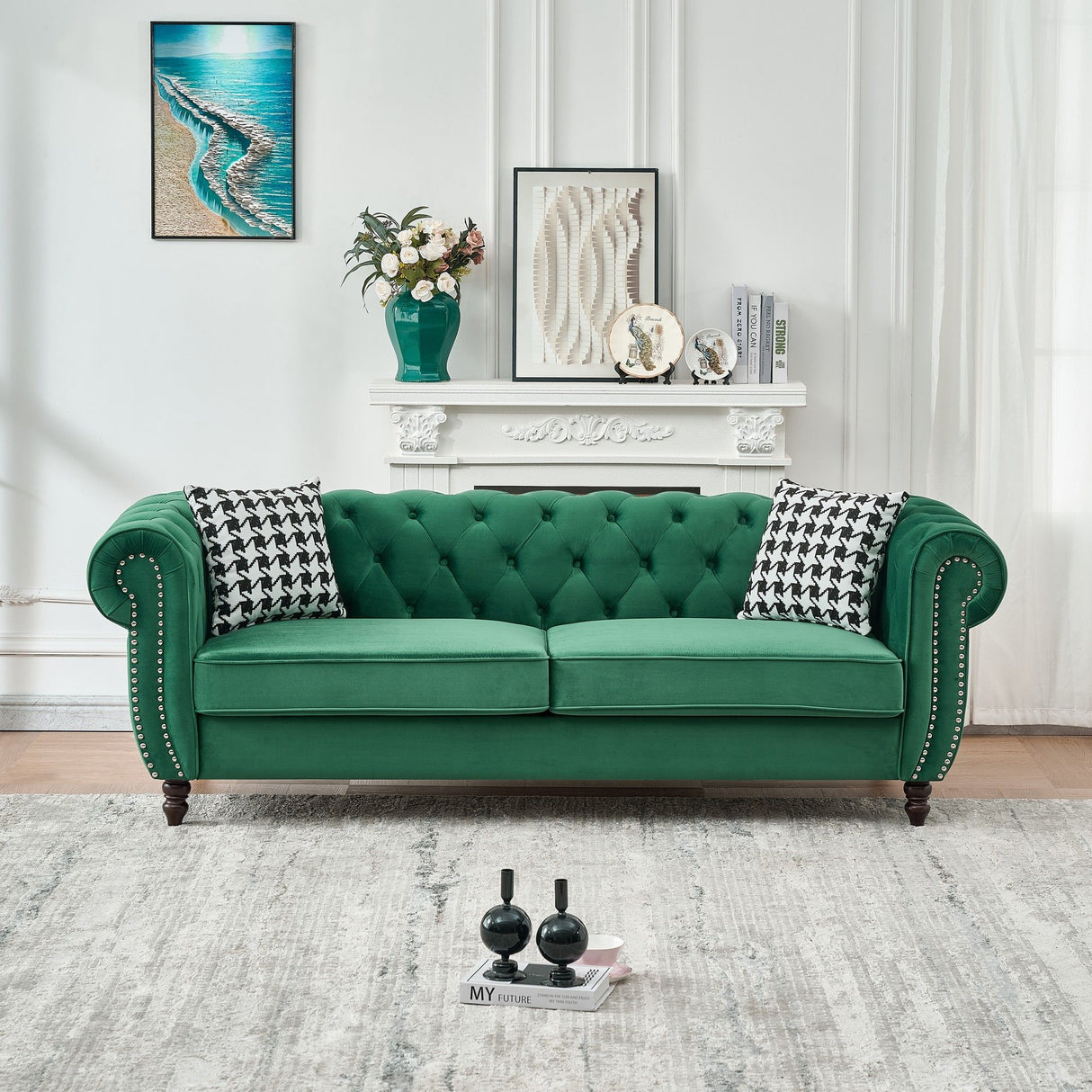 Mid Century Chesterfield Velvet Fabric Sofa With Roll Armrest & Nailhead, Green, 87 Inches
