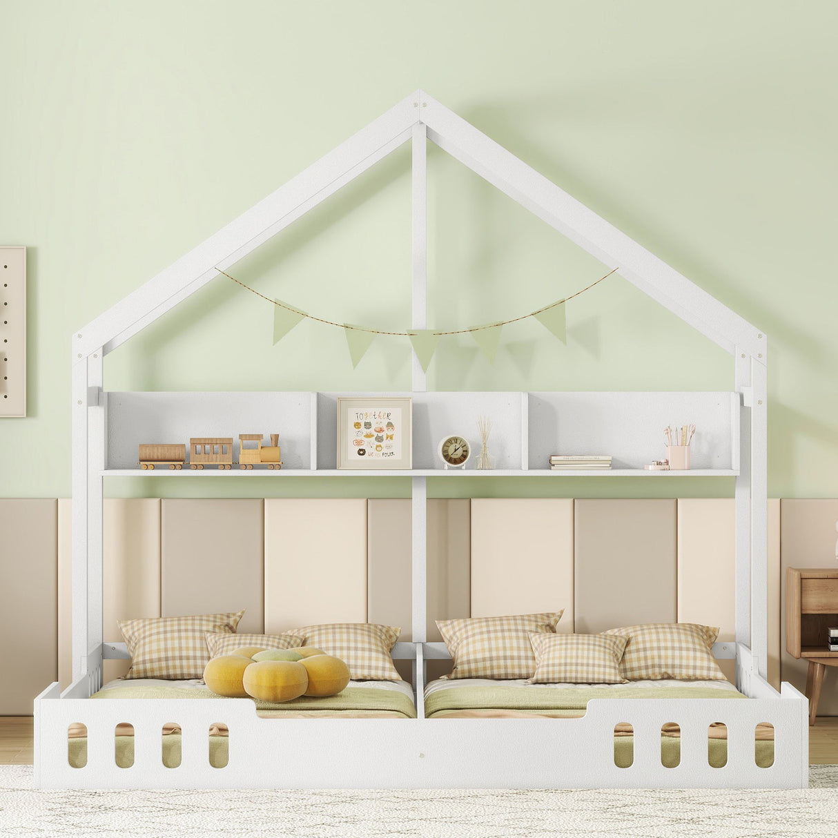 Twin Size Platform Bed With Shared Design, Guardrails, And Built In Shelves - Creamy White
