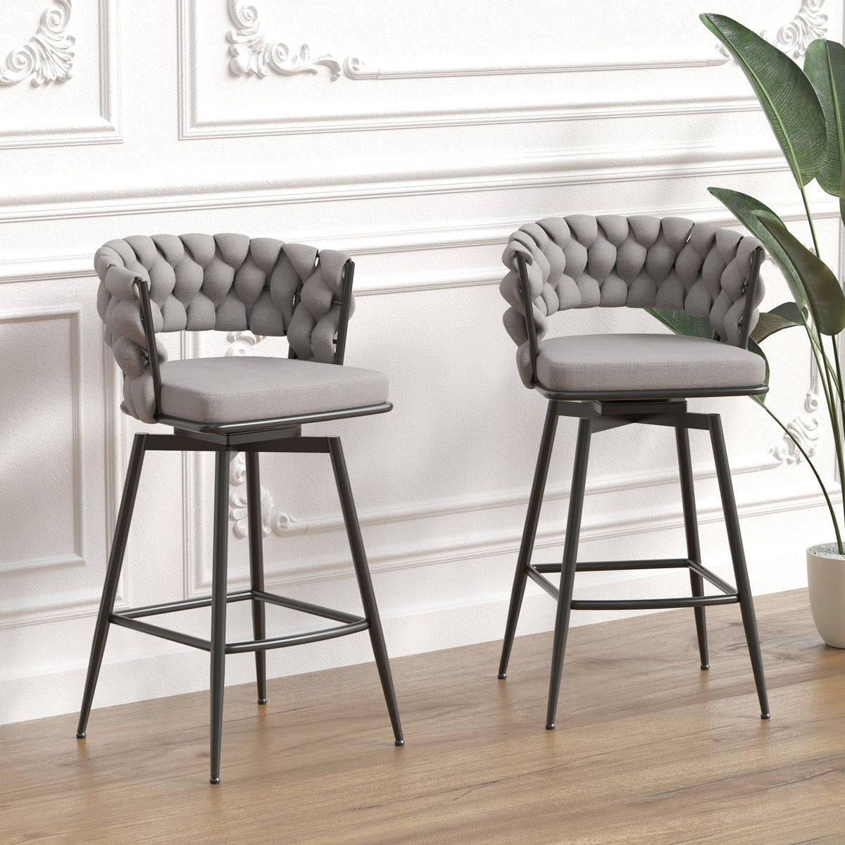 28" Bar Chair Linen Woven Bar Stool (Set of 2) Upholstered With Legs, 360 Swivel, Counter Arm Chairs With Back Footrest - Gray