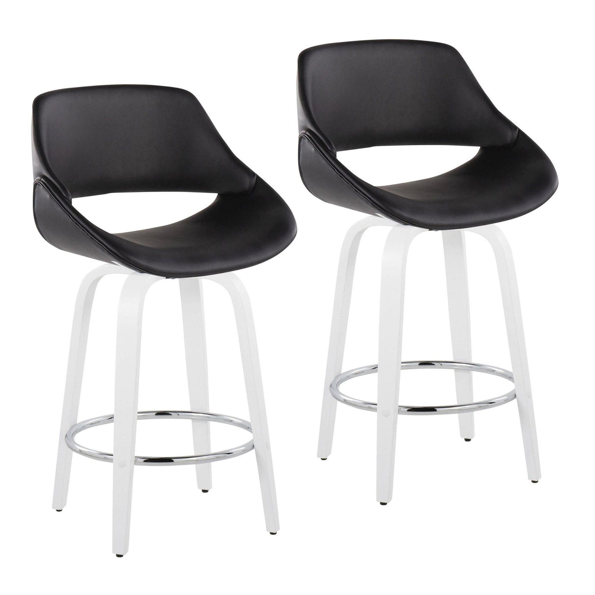 Cinch - Contemporary Fixed-Height Swivel Counter Stool (Set of 2) - White Wood / Black Faux Leather / Round Chrome Footrest