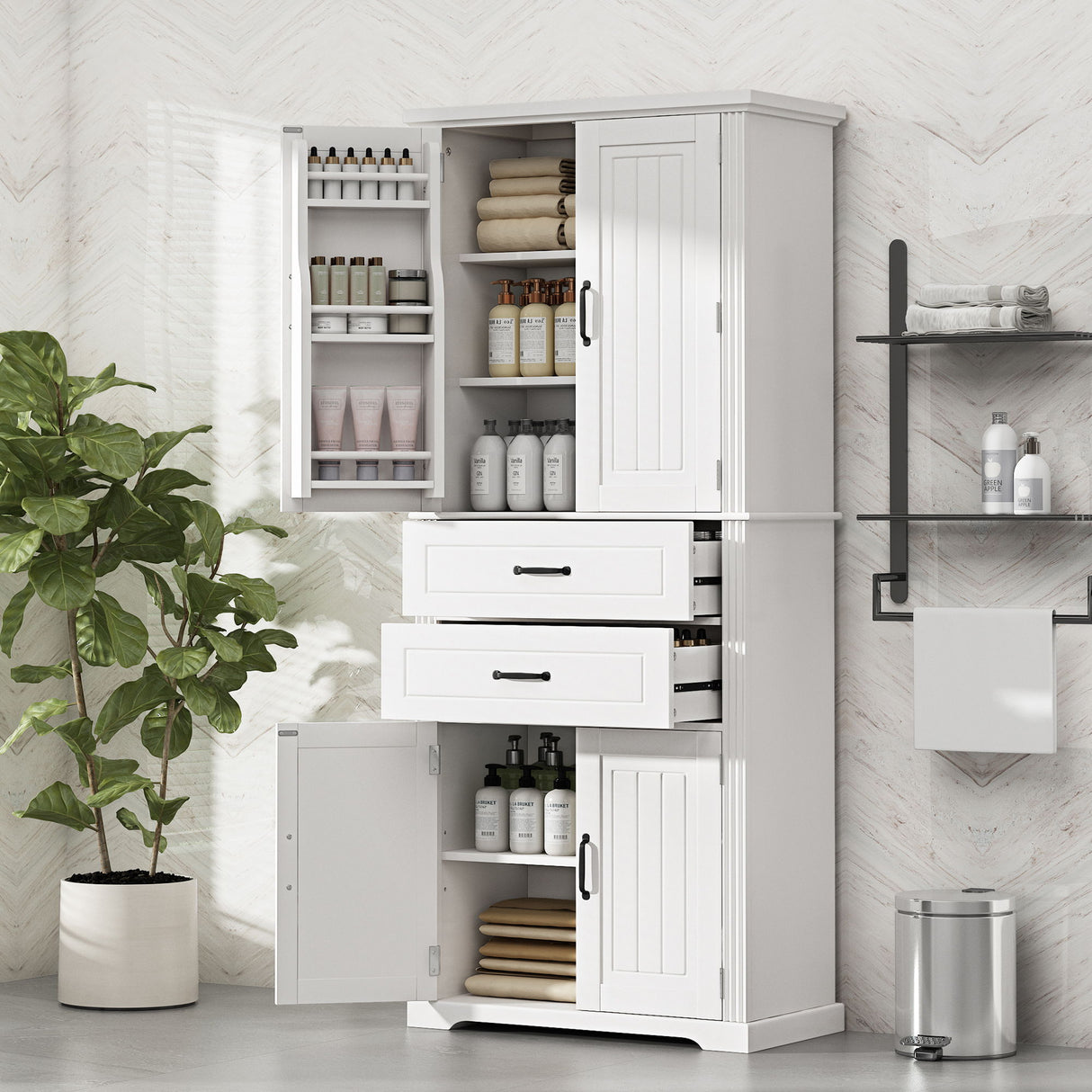 Multi Functional Storage Cabinet With Adjustable Shelves, 2 Drawers, Door Shelves