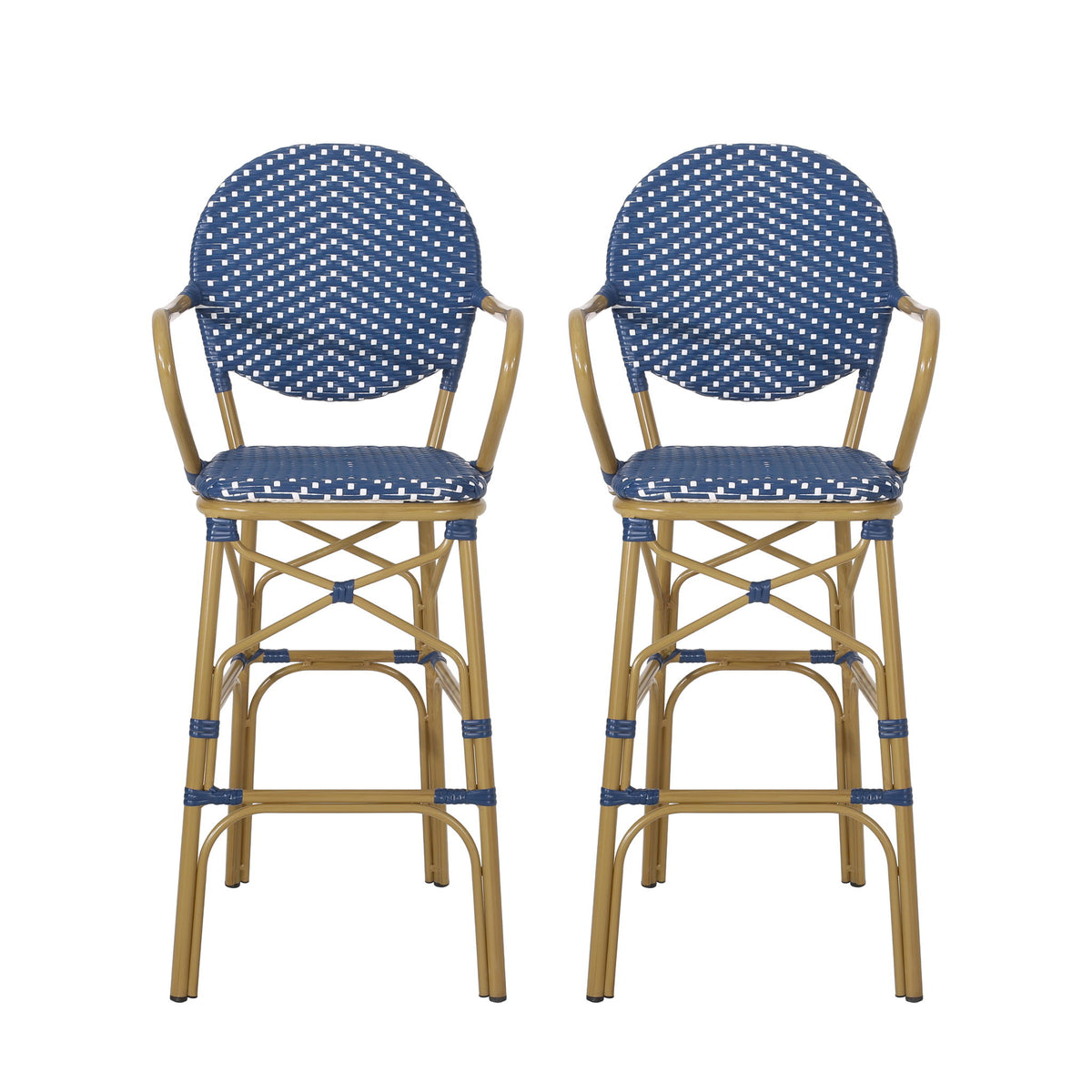 Outdoor Wicker And Aluminum French Barstools (Set of 2)