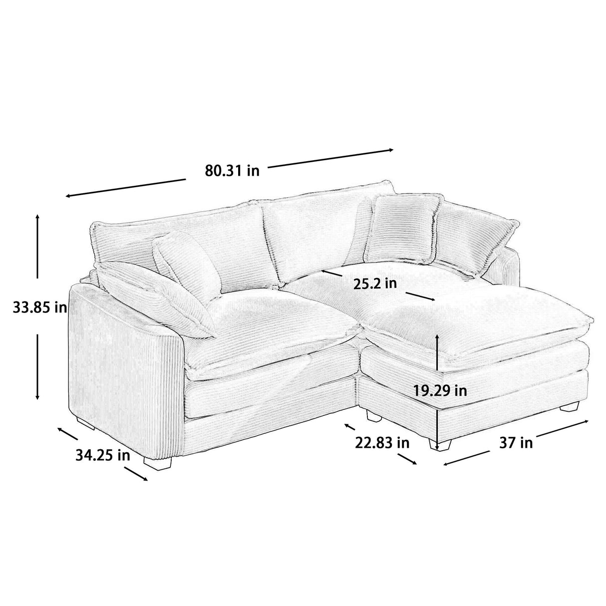 Modern Oversized Modular Cushion Sofa With Ottoman, Low Back, Deep Seating Sofa Set
