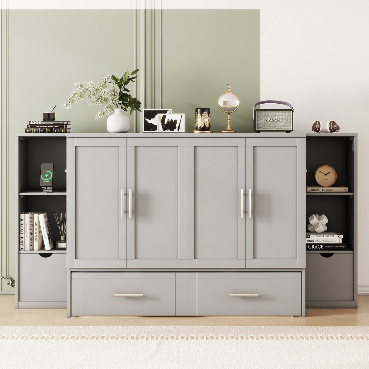 Murphy Bed With Shelves, Drawers And USB Ports