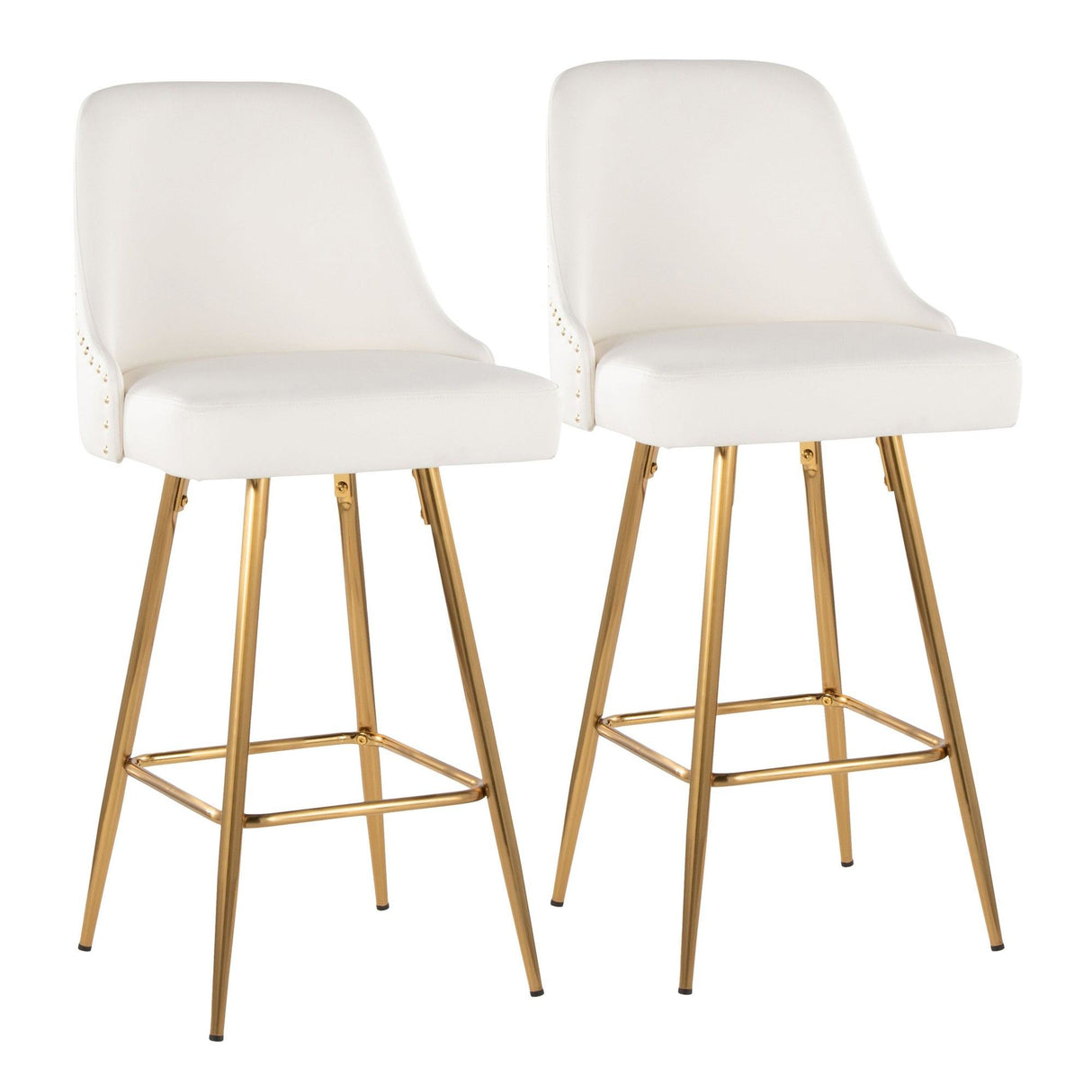 Studded - Marcel Fixed-Height Counter Stool (Set of 2) - Gold Metal, White Faux Leather