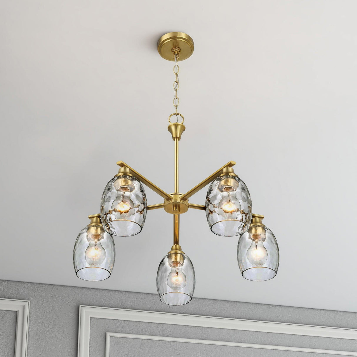 5 Lights Linear Arms With Chain Chandelier - Clear / Gold
