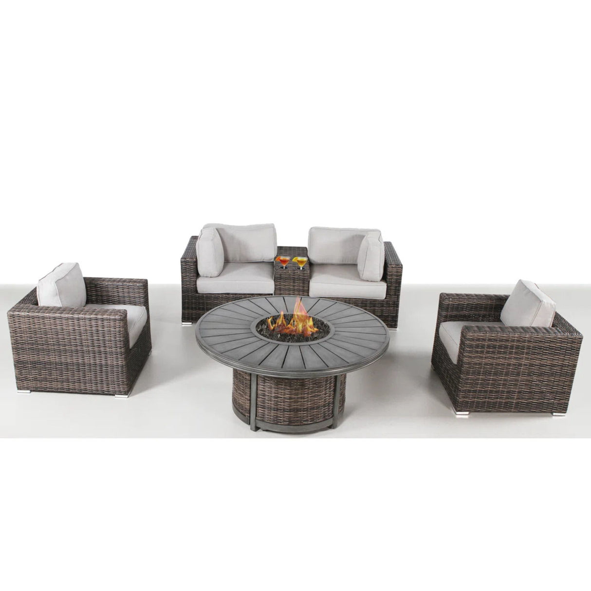 Patio Seating Group For 4 With Cushions And Fire Pit Table - Brown