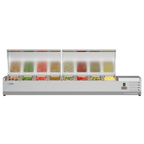 71 in. Eight Pan Refrigerated Countertop Condiment Prep Station - SCDC-8P-SSL